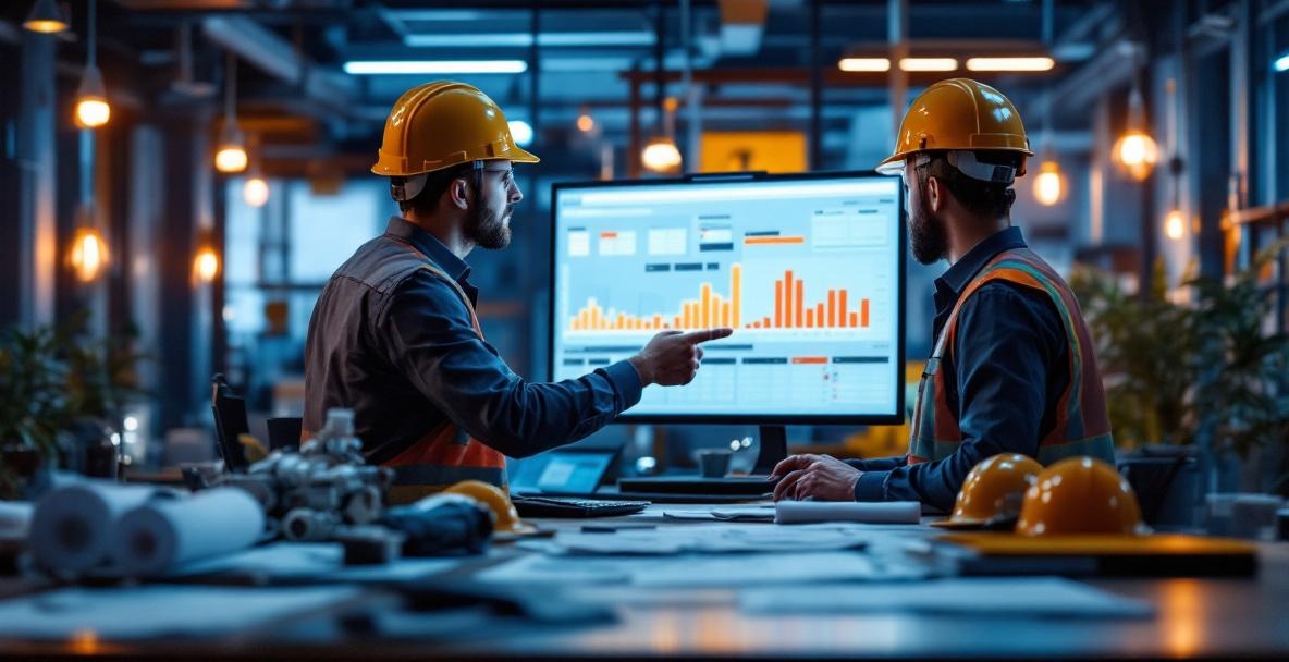 Construction project manager reviewing workflow schedules in operations office
