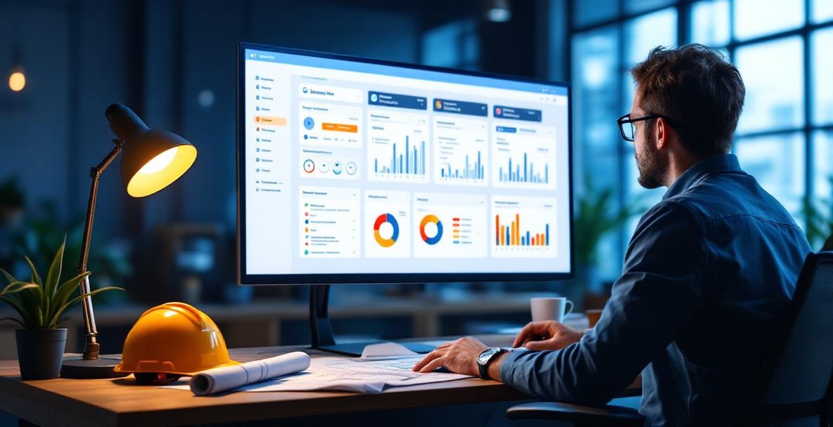 Contractor reviewing project pipeline on CRM dashboard in construction office